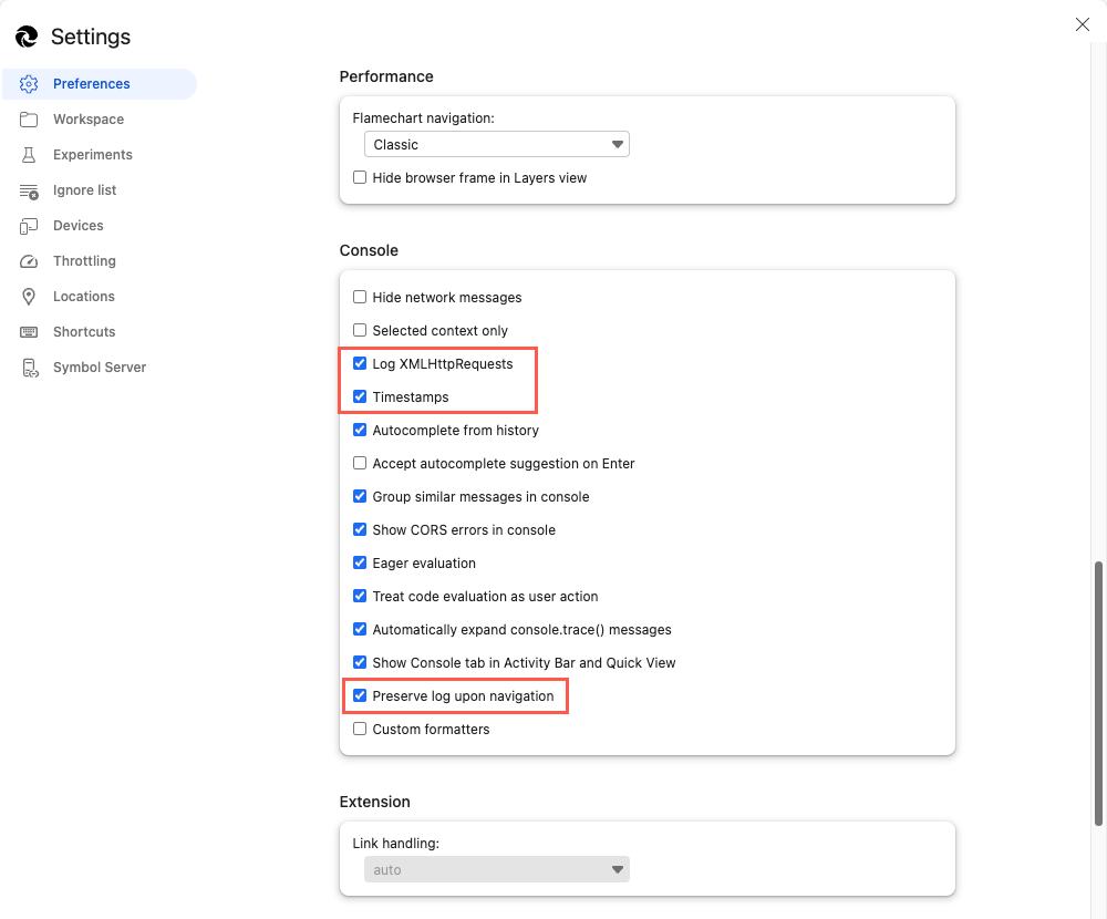 Ventana de configuración de Microsoft Edge, pestaña Preferencias y sección Consola