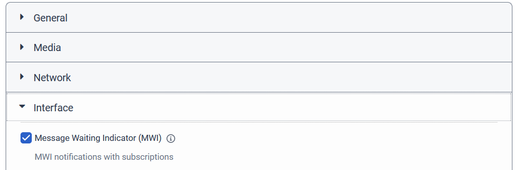 La configuración MWI incluye una casilla de verificación que puede utilizar para activar o desactivar las notificaciones MWI