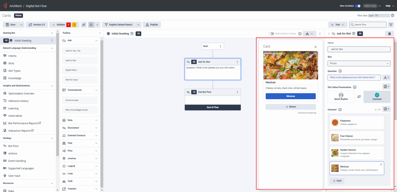 Work with quick replies, cards, and carousels in digital bot flows ...