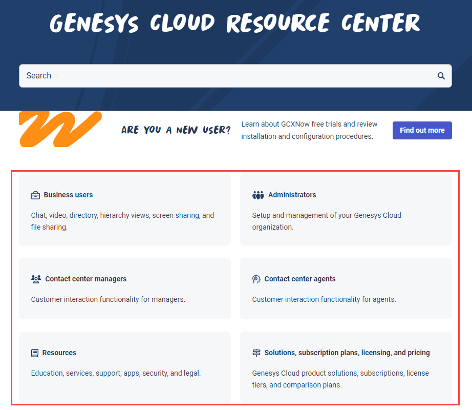 Tiles on the Resource Center home page that lead to the primary landing pages