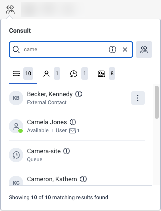 The Genesys Cloud consult window that shows icons for Genesys Cloud users, queues, and External Contacts