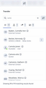 Genesys Cloudのユーザー、キュー、外部連絡先のアイコンが表示されるGenesys Cloud転送ウィンドウ