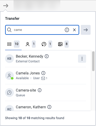 The Genesys Cloud transfer window that shows icons for Genesys Cloud users, queues, and External Contacts