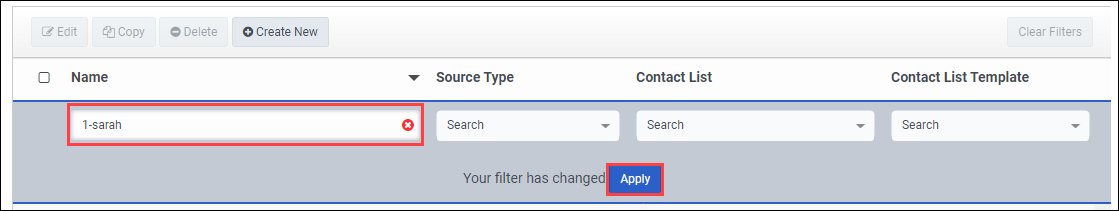 Contact List Filters view name search