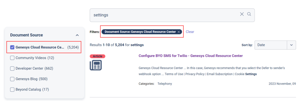 Resource Center search results with Genesys Cloud Resource Center Document Source filter selected
