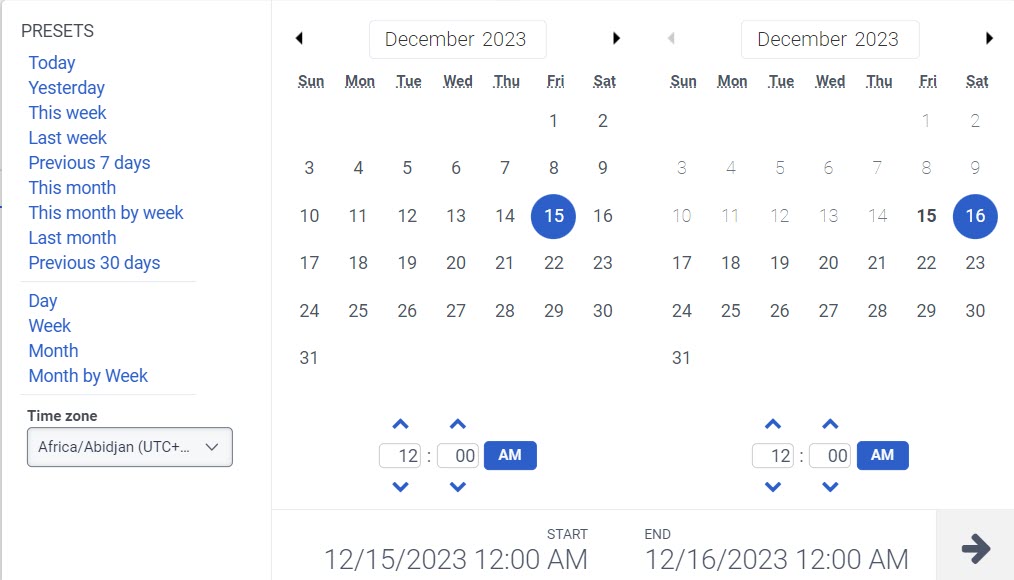 Selector de fecha con intervalo de 30 días y sin intervalo actual