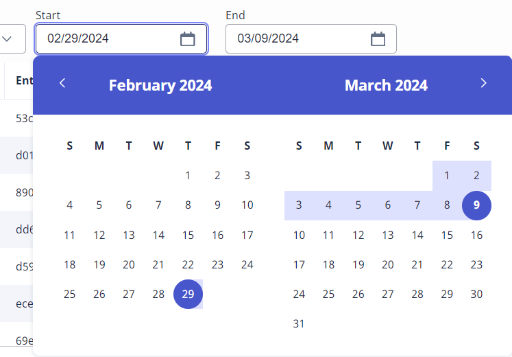 Imagen de los campos de fecha de inicio y fin y del calendario