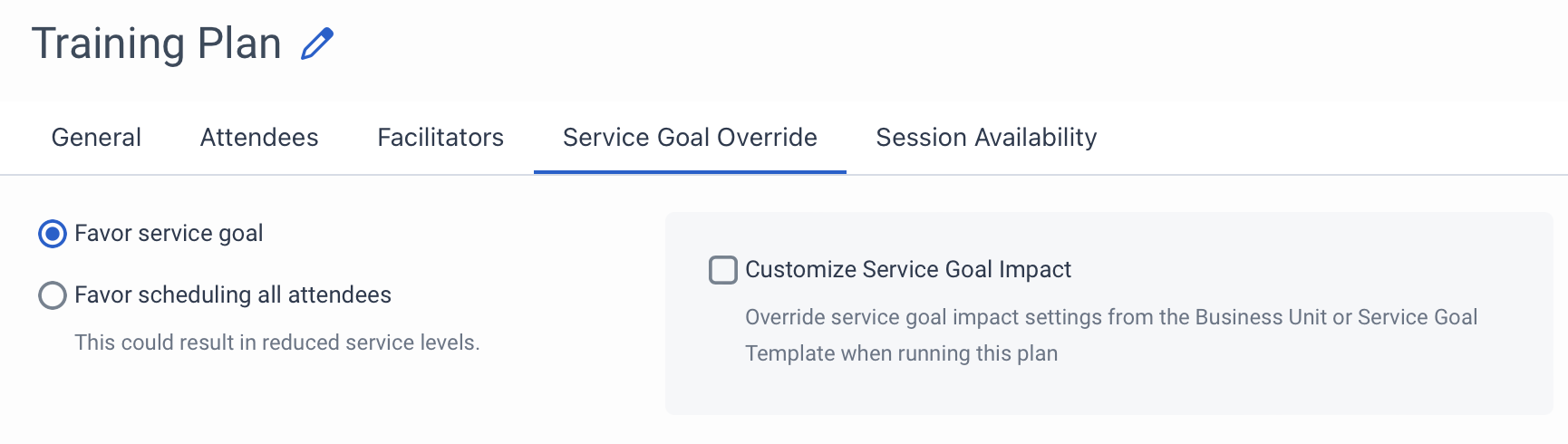 Displays the service goal override conditions that can be set for the activity plan