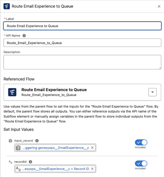 This image is a screenshot of the route email experience flow in Salesforce.