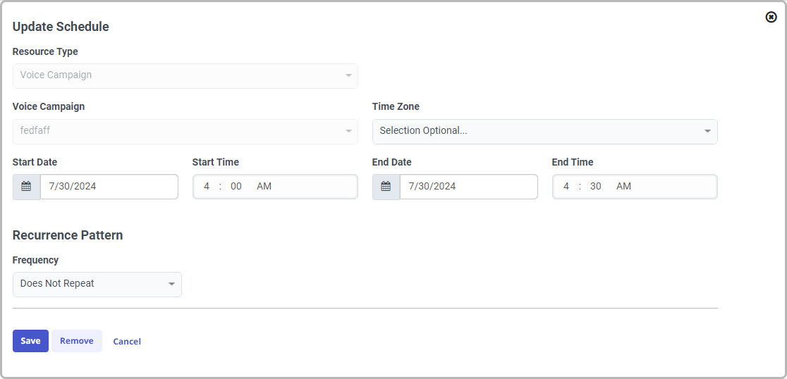 Fenêtre de mise à jour du calendrier pour la modification d'une entrée programmée.