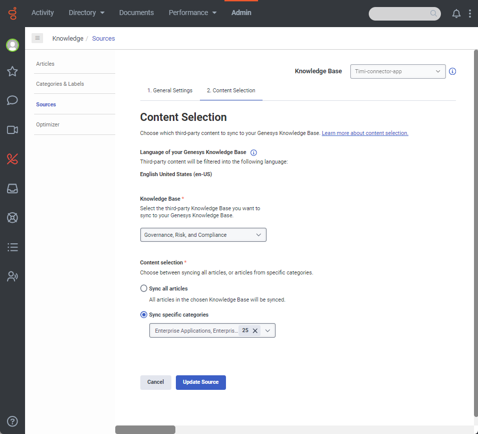 Onglet Sélection de contenu pour ServiceNow