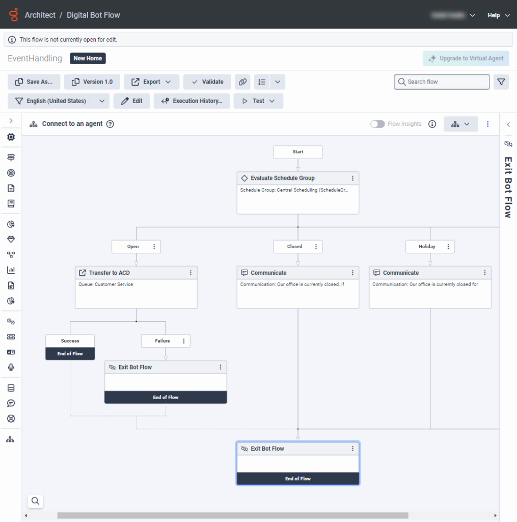 Especifique una tarea reutilizable cuando el bot no reconozca una respuesta del cliente o cuando el cliente solicite escalar la interacción a un agente.