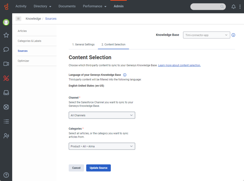 Content Selection tab for Salesforce