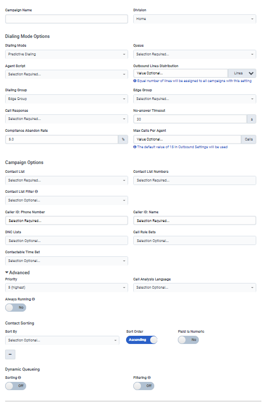 La figura muestra el editor de campañas para el modo de marcación predictiva