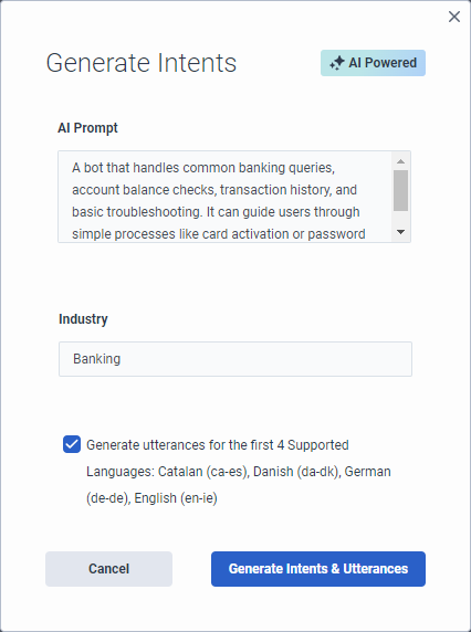 Generate Intents dialog box