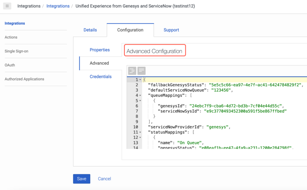Esta imagen es una captura de pantalla de la pestaña Configuración avanzada mientras se crea una integración en Genesys Cloud para ServiceNow.