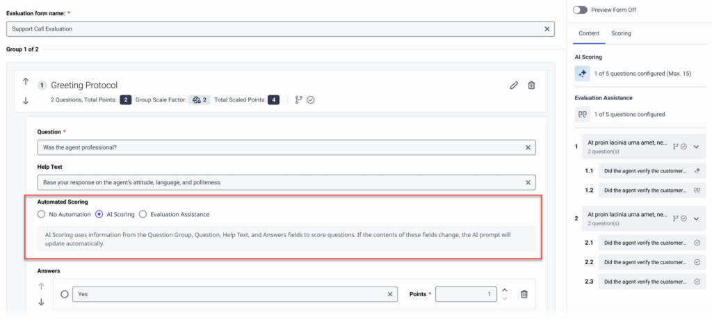 Choose automated scoring for an evaluation question