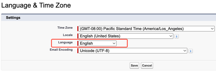 This image is a screenshot of the language selection in Salesforce UI.