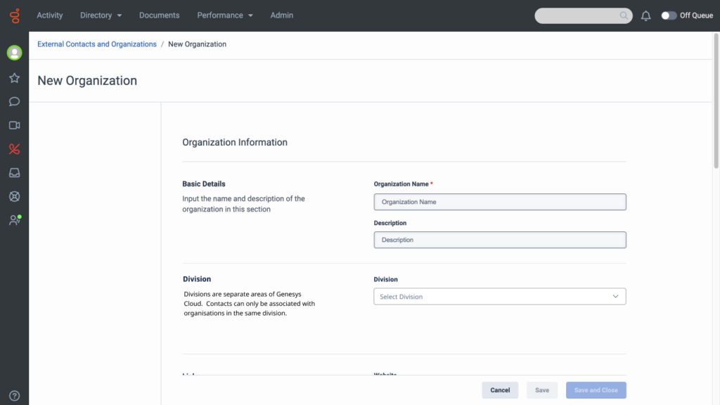 External organizations - division selector