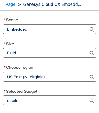 This image is a screenshot of the Embeddable component properties window in CX Cloud from Genesys and Salesforce integration.