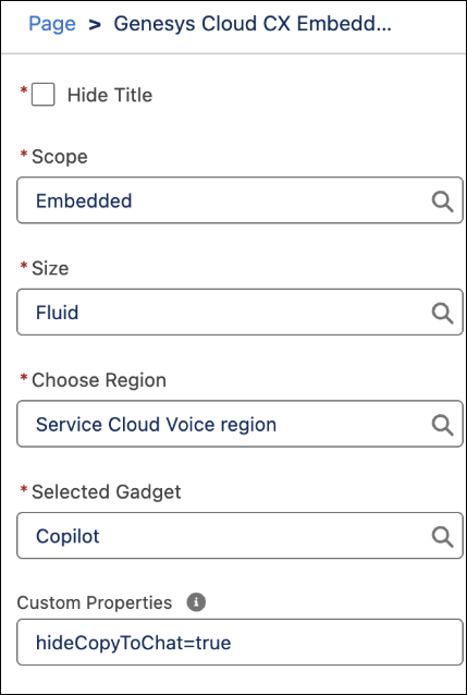 Esta imagen es una captura de pantalla de la ventana de propiedades del componente Embeddable en CX Cloud de Genesys y la integración con Salesforce.