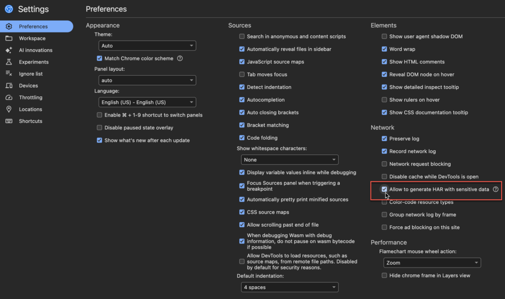 La opción de permitir la generación del archivo HAR con datos sensibles en Chrome