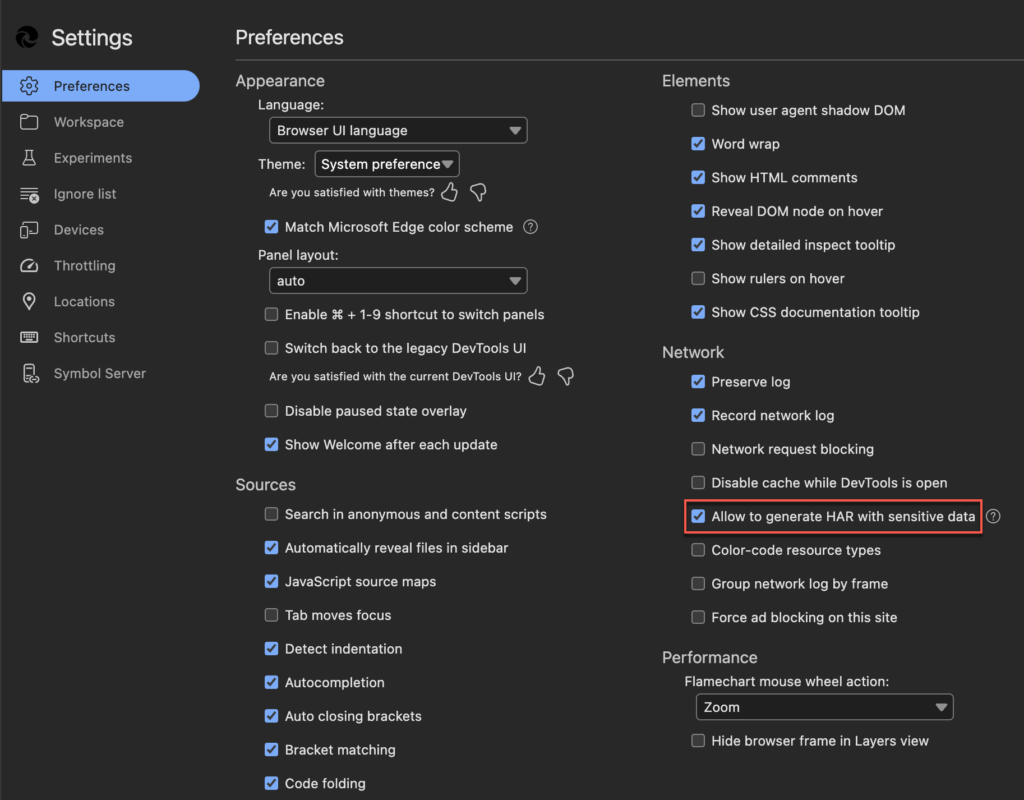 Option to allow generation of HAR file with sensitive data in Microsoft Edge