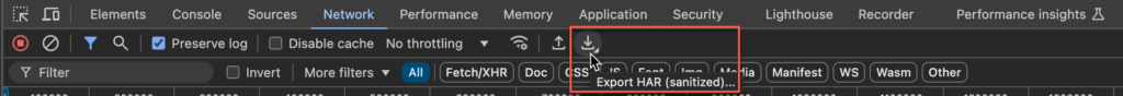Export HAR (sanitized) button