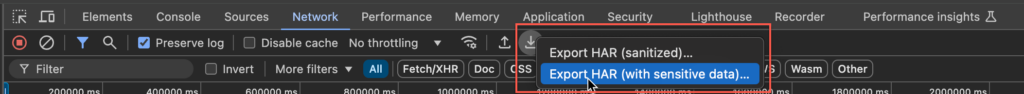 Export HAR (with sensitive data) option