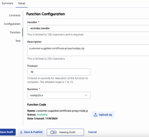 This image is a screenshot of the Function configuration while creating a custom action in Genesys Cloud for Function data action integration.