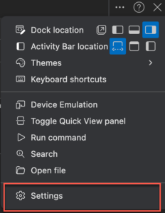 Settings option on the customize and control DevTools menu in Microsoft Edge