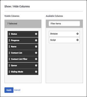 Figure shows how to include or exclude a column in the campaigns view