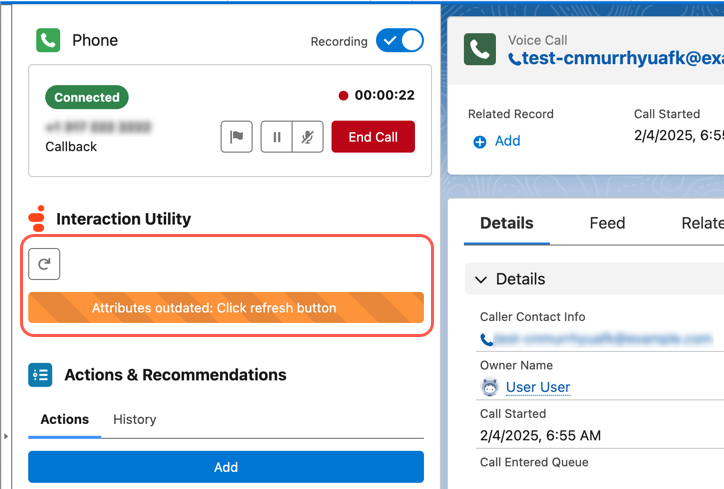 Dieses Bild ist ein Screenshot der Interaction Utility-Komponente auf der Sprachanruf-Aufzeichnungsseite in Salesforce.