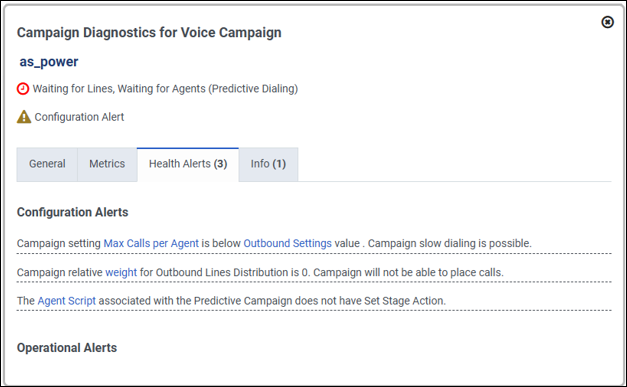 The Campaign Diagnostics for Voice Campaign Health Alerts tab