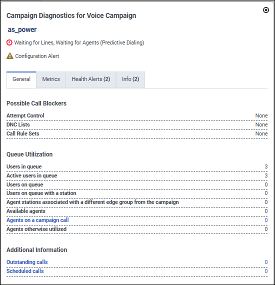 The Campaign Diagnostics for Voice Campaign general tab