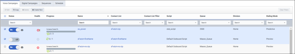 All columns in the Voice Campaigns view
