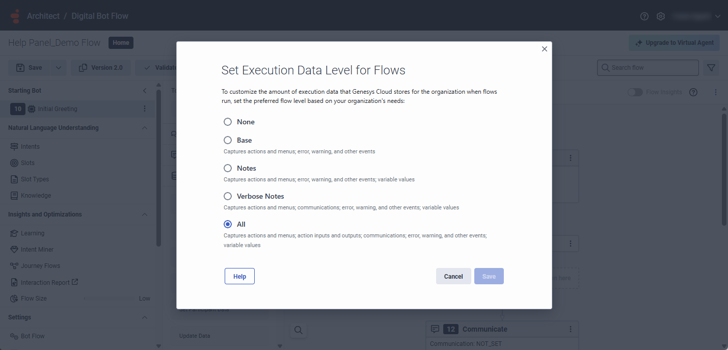 Set Execution Data Level for Flows window in Architect