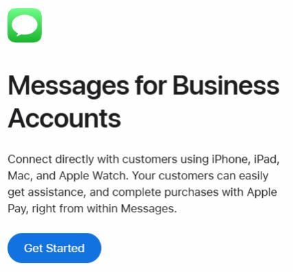 Messages for business accounts page with the Get Started button