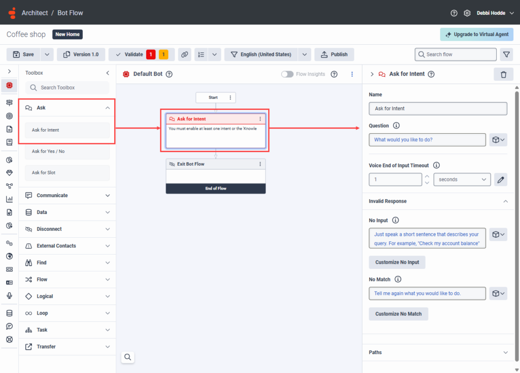 Voice bot flow custom knowledge Ask for Intent action