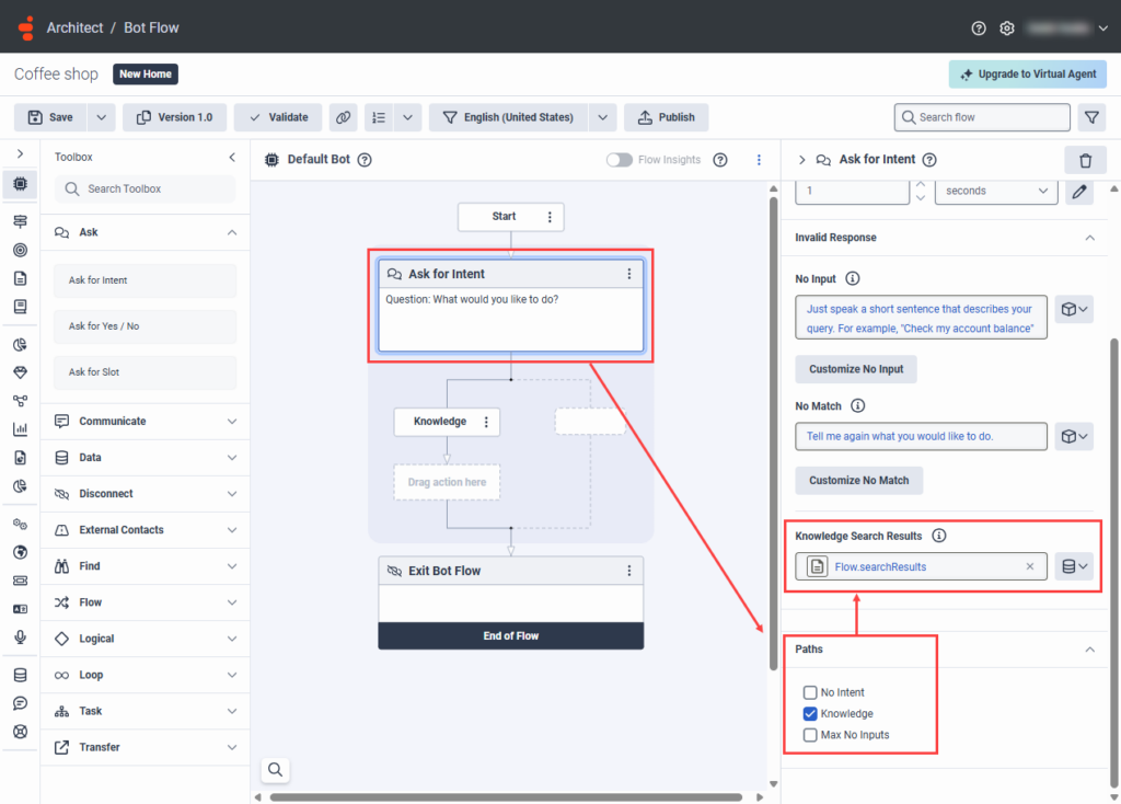 Voice bot flow custom knowledge Ask for Intent knowledge path