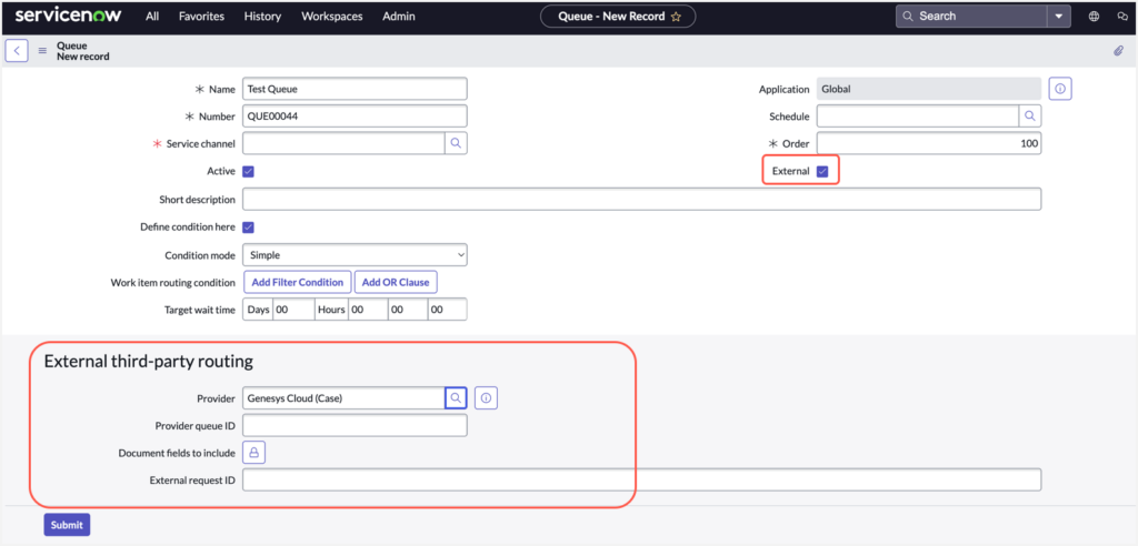 Esta imagen es una captura de pantalla que muestra cómo crear una cola enrutada externamente en ServiceNow UI.