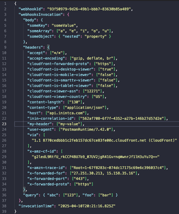 この画像は、Webhook ペイロードのスクリーンショットです。
