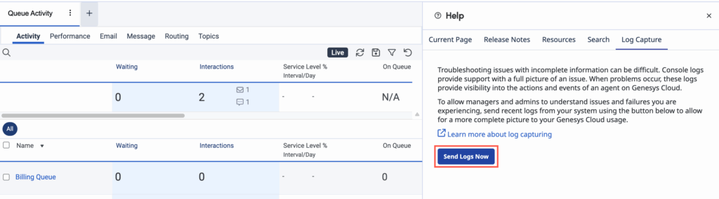 Help option, log capture tab, and the Send Logs Now option on the Help panel