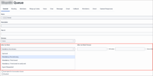 Esta imagen es una captura de pantalla de la configuración de trabajo después de la llamada resaltada para una cola de Genesys Cloud.