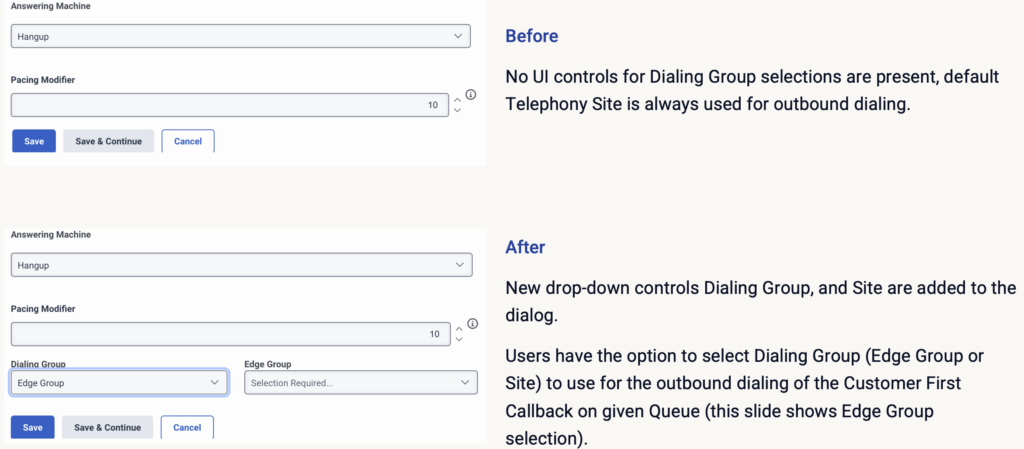 Optional configuration of dialing group (edge group) in queue:callback