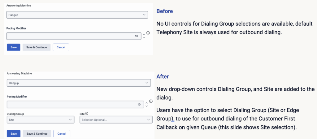 Optional configuration of dialing group (site) in queue:callback
