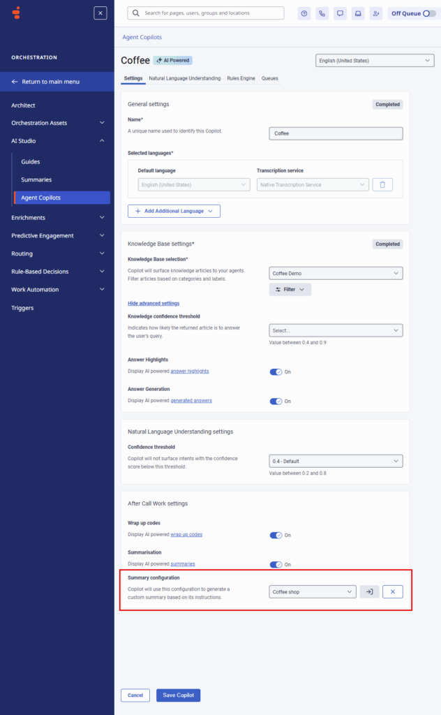 Seleccione la configuración resumida del Agente Copilot