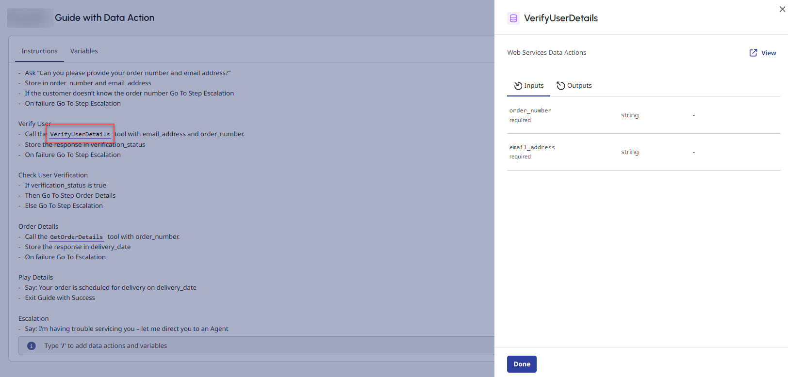 Data action side panel in AI Studio Guides
