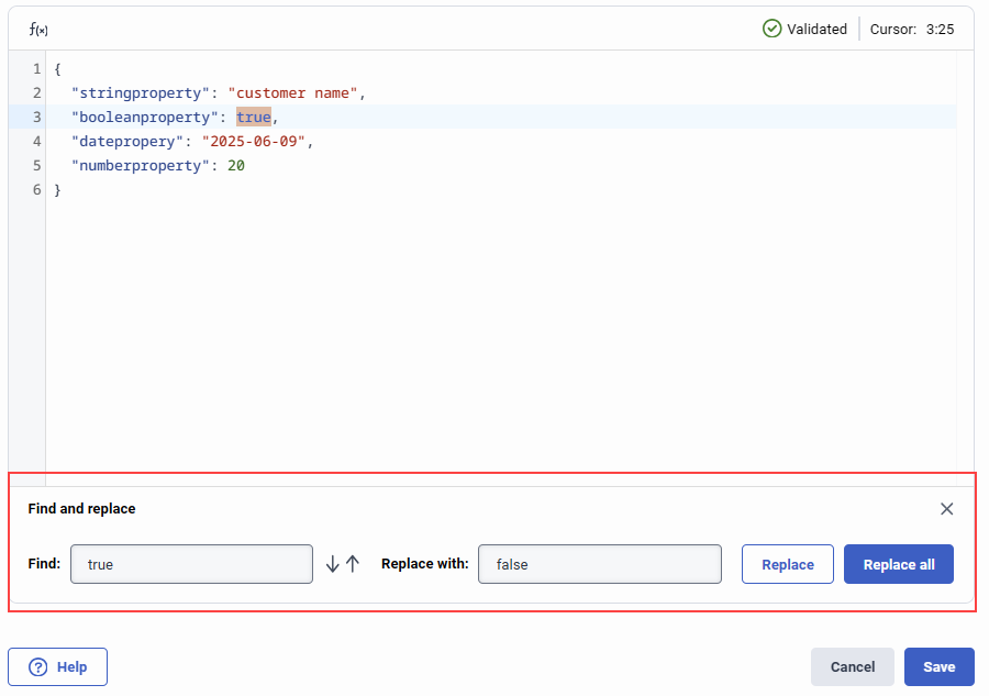 Find and replace in custom JSON editor in Architect