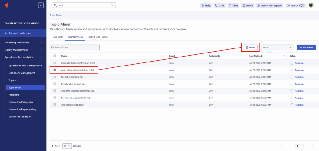 Remove an item from the ignore list